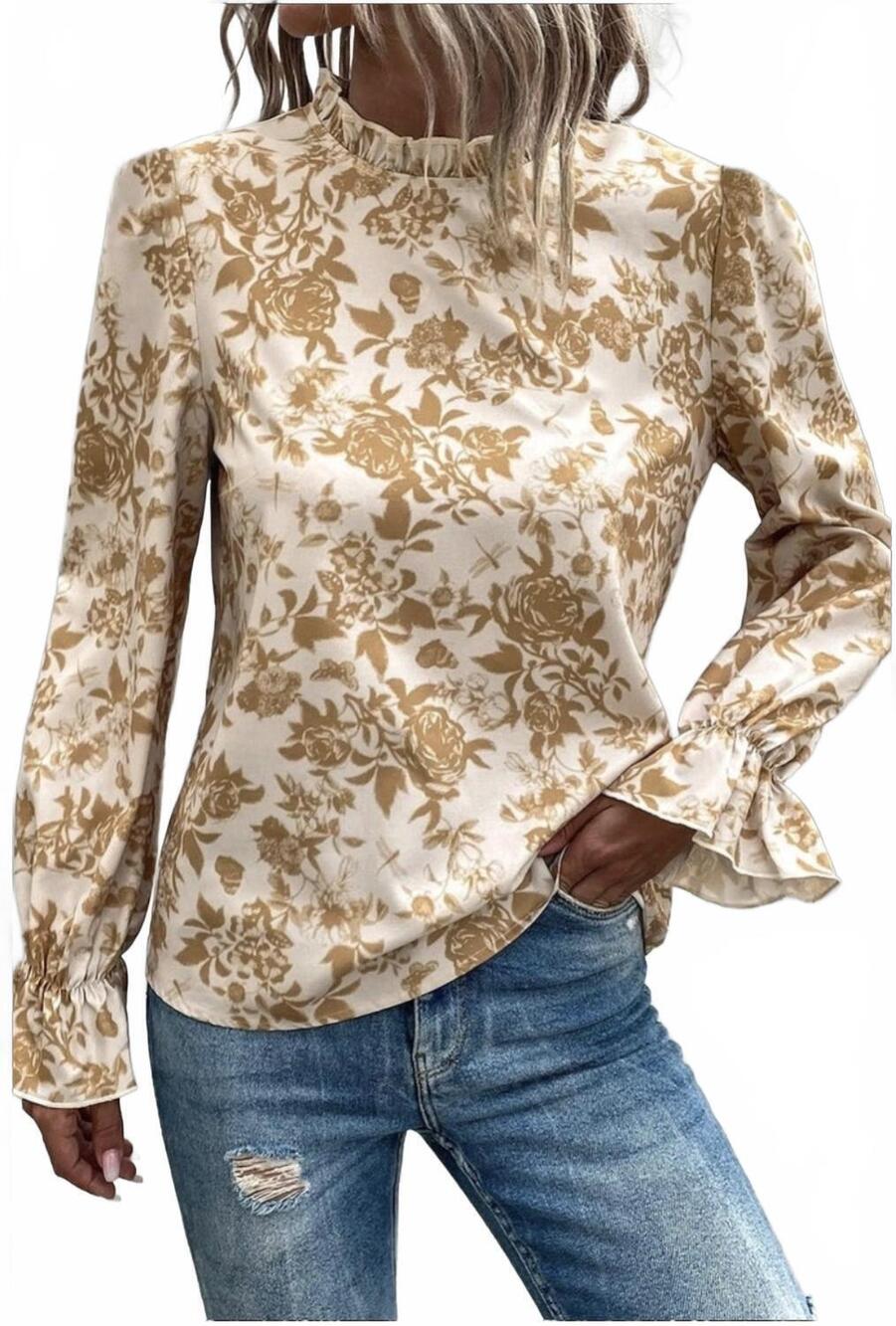 NEW DEAR LOVER floral print mock neck blouse in beige/white